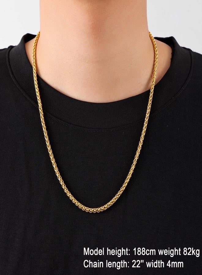 Fiusem 14K Gold Plated Wheat Chain Necklace for Men, 4mm 14K Gold Plated Stainless Steel Necklace Chains for Men and Women 28 Inch - Image 4